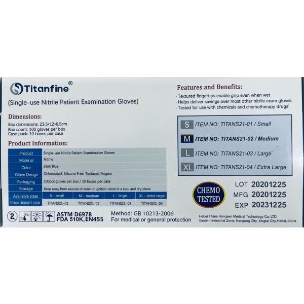 TitanFine Blue 100% Nitrile Exam Chemo Tested Gloves, 4 mil. Box of 100, Sizes M, L , XL