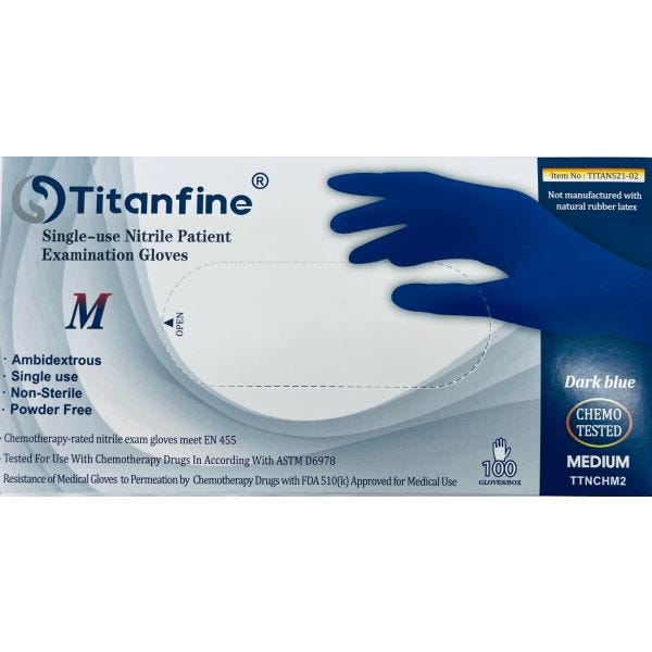 TitanFine Blue 100% Nitrile Exam Chemo Tested Gloves, 4 mil. Box of 100, Sizes M, L , XL