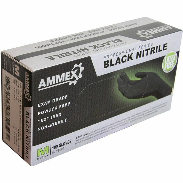 AMMEX Black 100% Nitrile Exam Grade Gloves, 4 mil. Box of 100, Size L