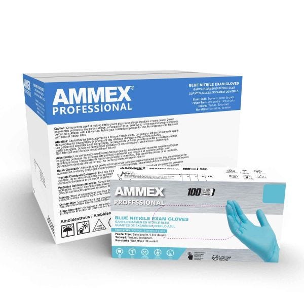 AMMEX  Blue 100% Nitrile Exam Grade Gloves, 4 mil. Box of 100, Size Med