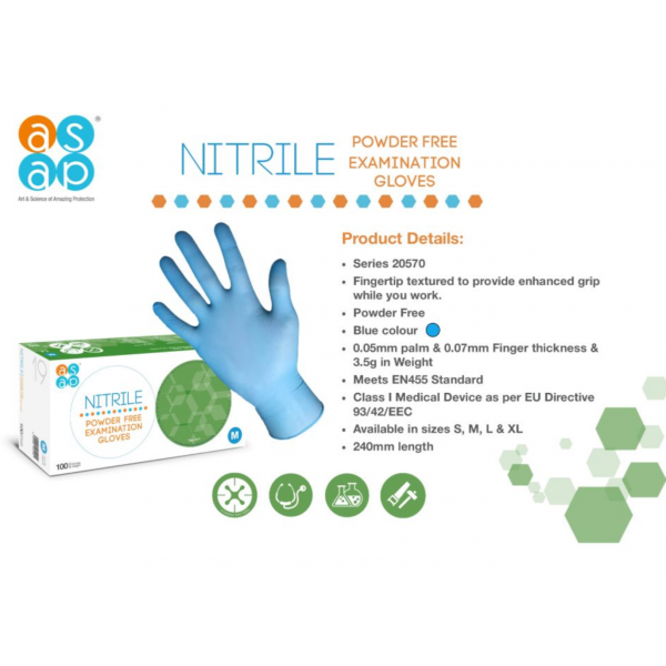 ASAP by Cranberry. Blue 100% Nitrile Exam Grade Gloves, 4 mil. Box of 100, Sizes: Small -Large