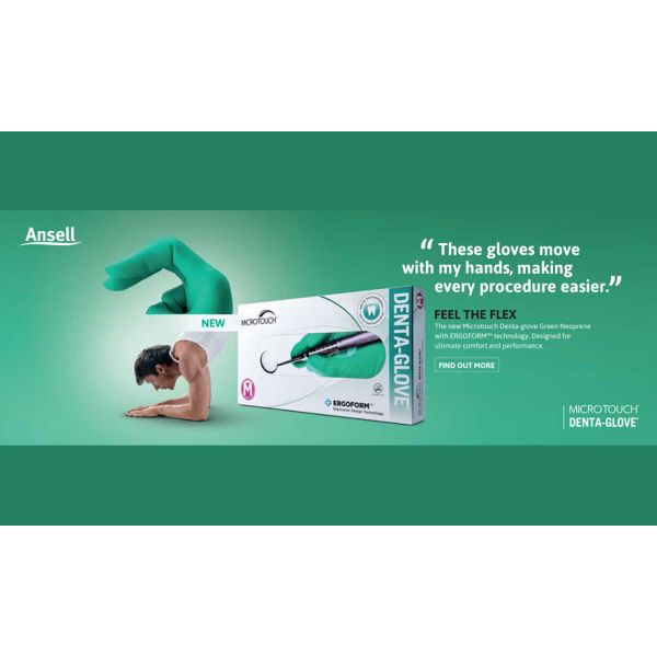 Micro-Touch Denta-Glove by Ansell 100% High Performance Neoprene Exam Grade Gloves, 4.3 mils, Green, Medium, Box of 100