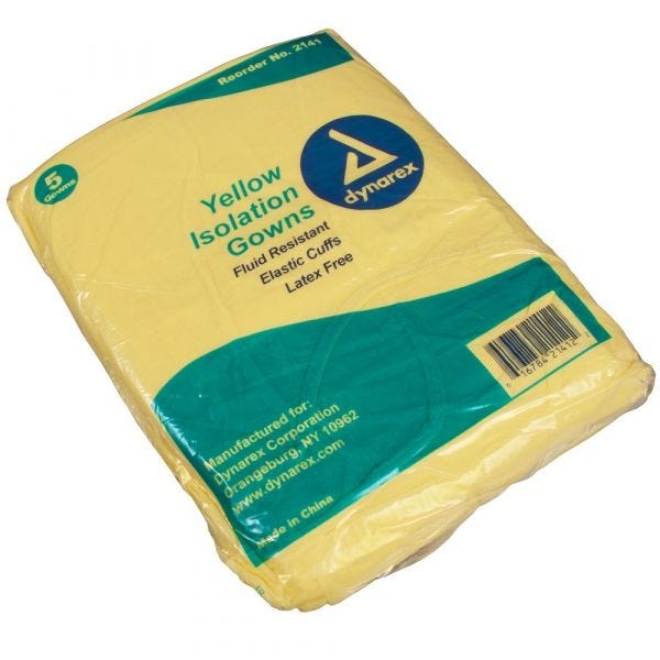 Dynarex Disposable Fluid-Resistant Isolation Gown, Yellow, Universal Size (fits most), Bag of 5
