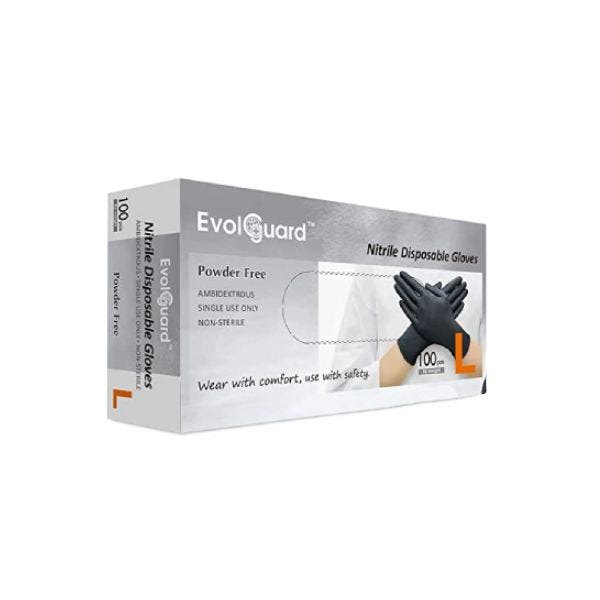 EvolGuard by Ever Global (manufacturer of Superieur), X-TRA Thick High Performance Black 100% Nitrile Industrial Gloves, 5 mil, Food Safe, Box of 100, Sizes: Small - Large