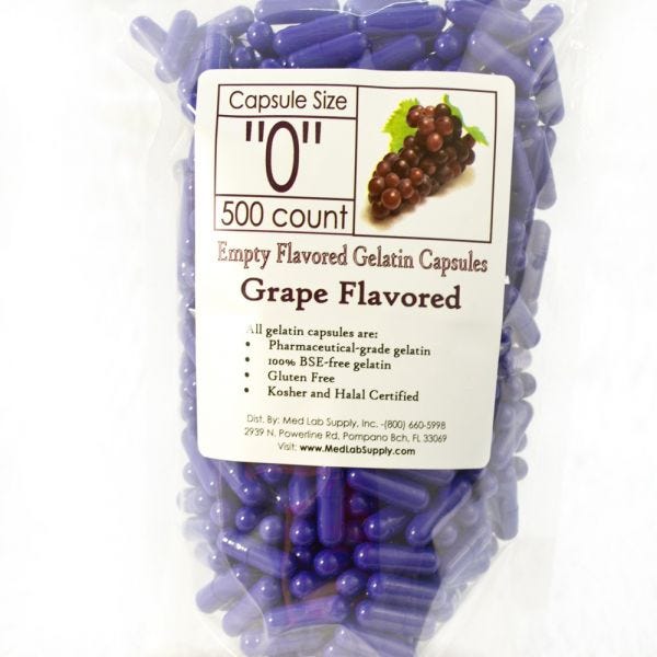 Grape Flavored Gelatin Capsules, Size 0 (Qty. 500)
