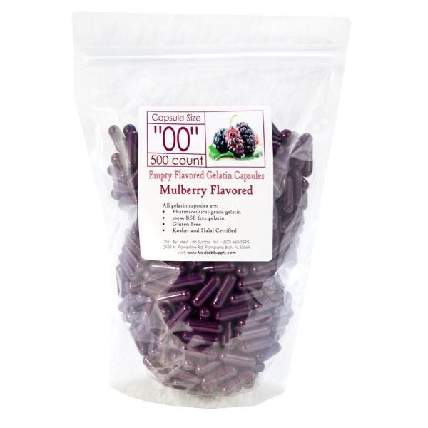 Mulberry Flavored Gelatin Capsules, Size 00 (Qty. 500)