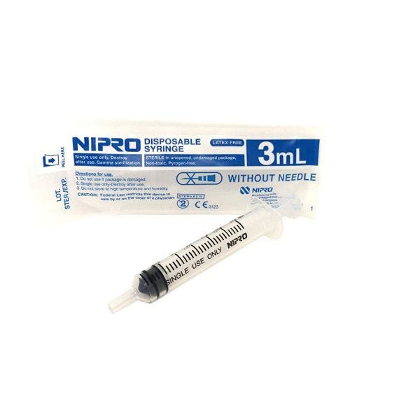 Nipro 3cc Syringe Only, Luer Slip, Box of 100