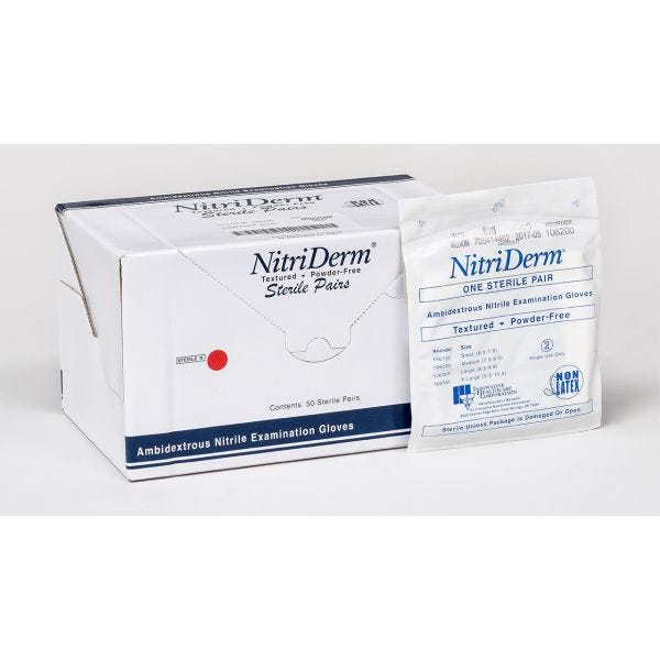 NitriDerm Sterile Nitrile Medical Exam Gloves, Powder-free, each pair individually sealed.  Sizes: S, M, L, & XL