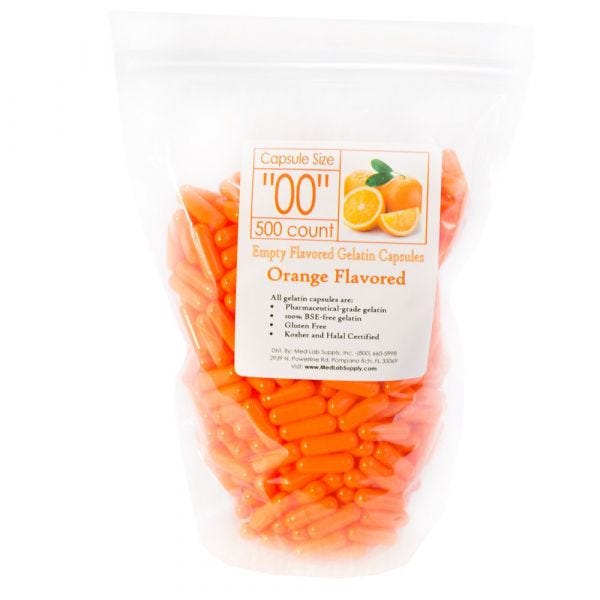 Orange Flavored Gelatin Capsules, Size 00 (Qty. 500)