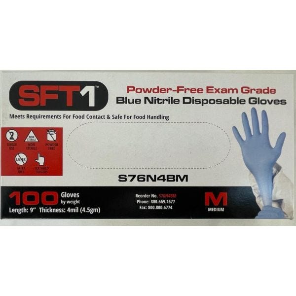 SFT1  (Same as Gen-X by Smart Glove) Blue 100% Nitrile Exam Grade Gloves, 4 mil. Box of 100, Size M or L