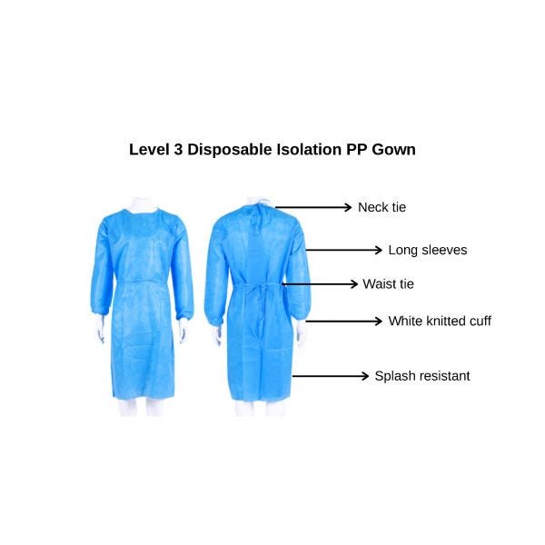 Ultra Spec Level 3 Disposable Fluid-Resistant Isolation Gown, Blue, Regular Size (fits most), Pack of 10 or Case of 200.