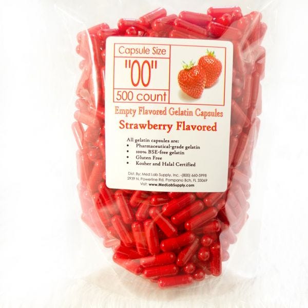 Strawberry Flavored Gelatin Capsules, Size 00 (Qty. 500)
