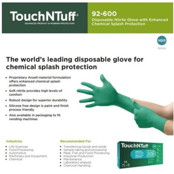 TouchNTuff by Ansell MEGA X-TRA Thick High Performance Green 100% Nitrile Industrial Gloves, 6.2 mil, Super High Chemical Resistance, Box of 100, Medium