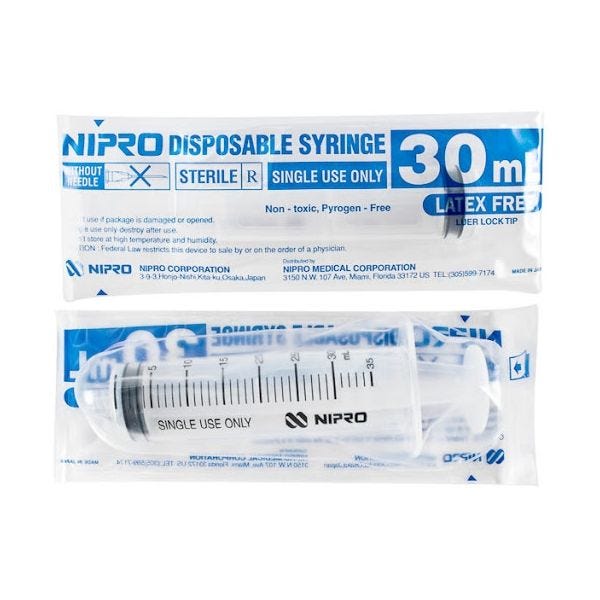 Nipro 30cc Syringe Only, Luer Lock, Box of 50