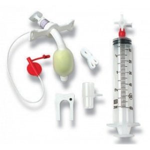KIT TUBE TRACHEOSTOMY ADULT SIZE 5MM FOAM CUFF 60MM SILICONE 15MM SWIVEL CONNECTOR DISPOSABLE OBTURATOR 60ML SYRINGE 3-WAY STOPCOCK SIDEPORT 15MM DISCONNECT WEDGE TRACH-TIE PORTEX BIVONA RADIOPAQUE STERILE - 850150