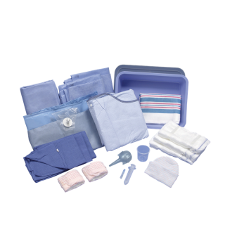 TRAY SURGICAL PROCEDURE STANDARD VAGINAL DELIVERY CONVENIENCE WBABY CAPGOWNBLANKET BACK TABLE COVER GAUZE PAD LEGGINGS NEEDLE TOWELS SYRINGE DRAPE MEDICINE CUP MATERNITY PADS PLACENTA BASIN LID UMBILICAL CORD CLAMP LATEX-FREE 8Case - 89-5043